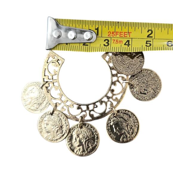 Chandelier Portrait Gold Tone Coins Hoop Drop Earrings - Picture 5 of 6